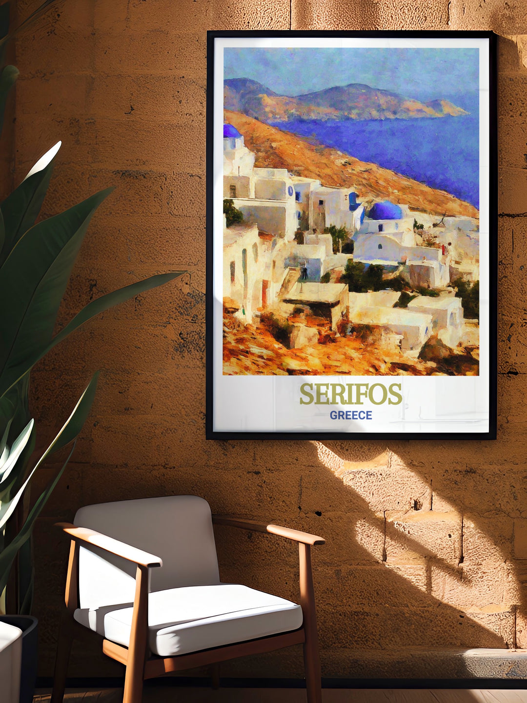 A beautiful depiction of Chora, the capital of Serifos, Greece, featuring whitewashed houses and stunning views of the Aegean Sea. This Greece Island Print captures the serene beauty and authentic charm of this Cycladic village, perfect for adding a touch of Mediterranean elegance to your home decor.