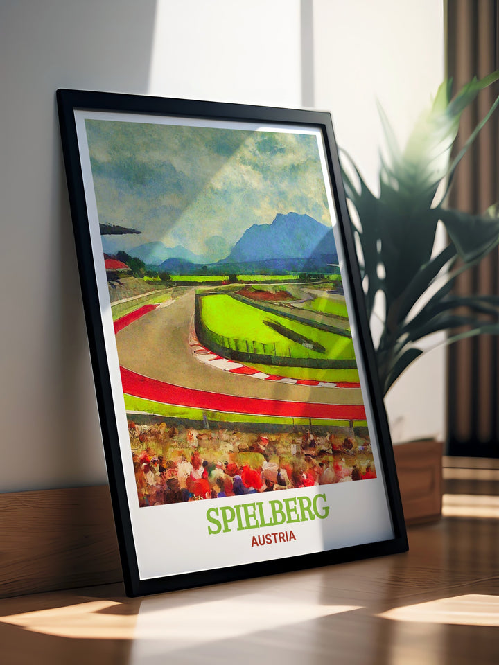 Artistic depiction of the Red Bull Ring in Spielberg, Austria, focusing on the tracks integration with the natural beauty of the Styrian mountains. This wall art is ideal for motorsport lovers and adds a touch of elegance to any space.