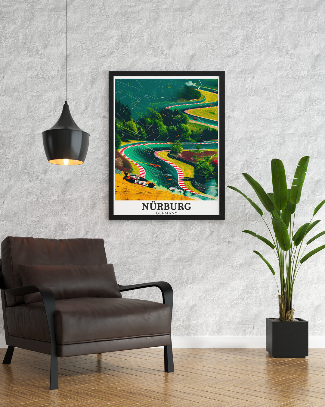 The Nordschleife, part of Germanys famed Nürburgring, is brought to life in this vintage style poster print. It showcases the challenging circuit surrounded by the lush scenery of Nürburg, perfect for adding a touch of motorsport history to your home.