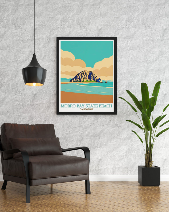 Featuring the serene landscapes of Morro Bay State Beach and Morro Strand State Beach, this travel poster offers a detailed portrayal of Californias natural beauty. A wonderful addition to your beach themed decor.