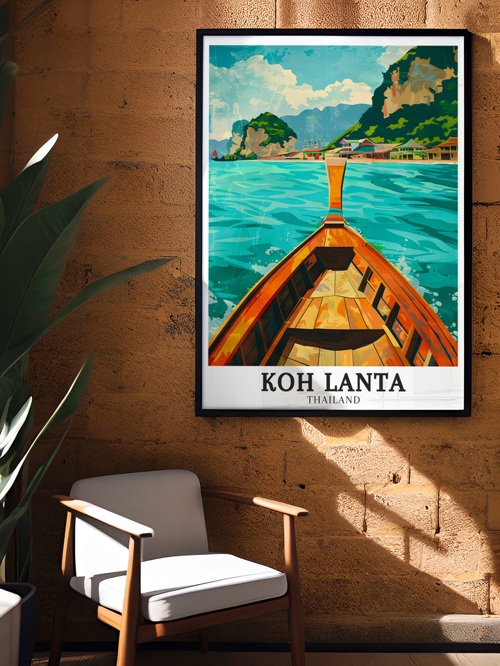 Create a tropical vibe in your home with Ko Lanta District artwork. This vibrant beach art print is perfect for beach lovers and travel enthusiasts alike. The detailed illustration brings the serene beauty of Thailands island landscapes into your living space.