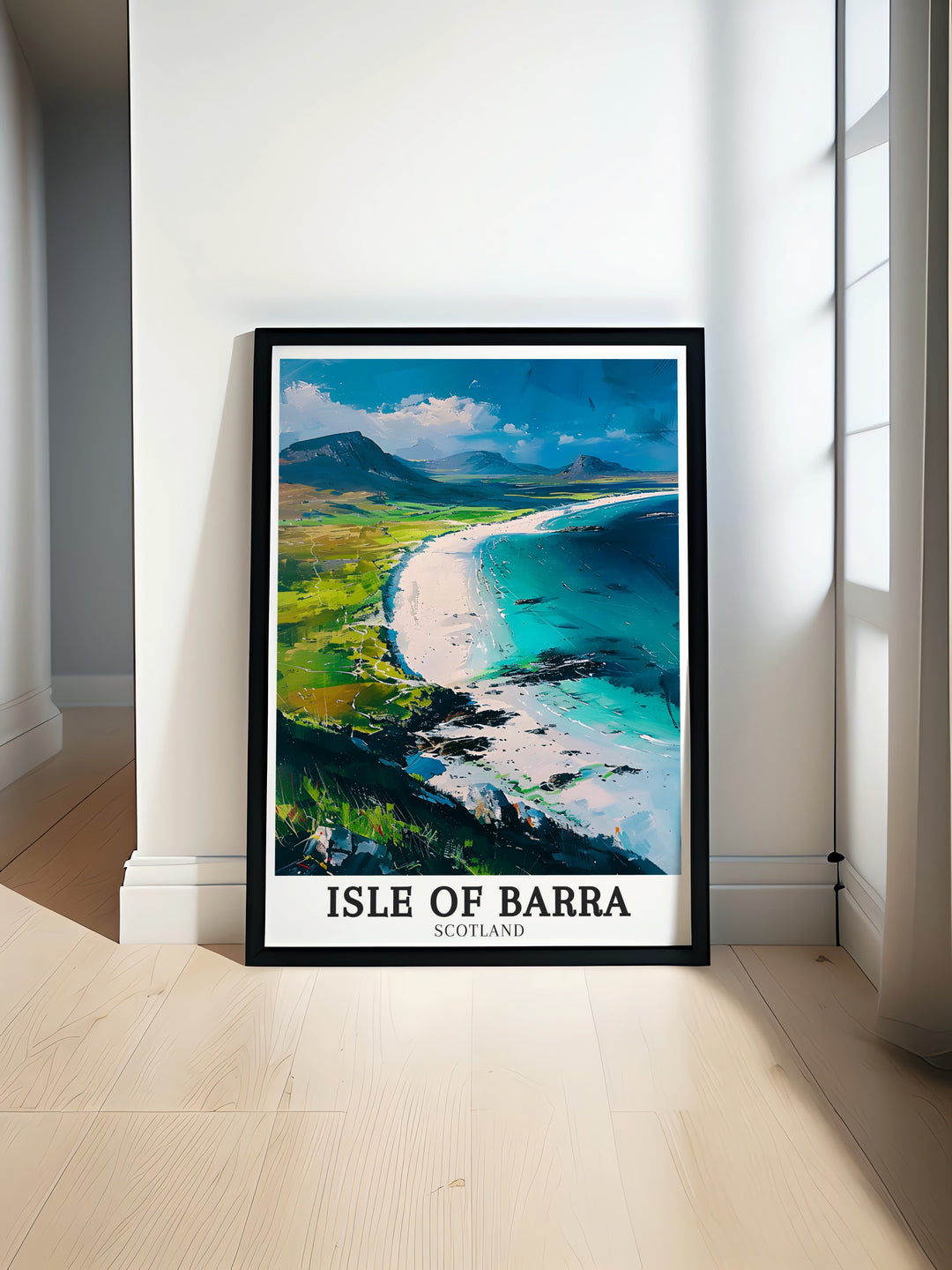 Celebrate the natural beauty of the Isle of Barra with this Outer Hebrides travel print. The poster offers a glimpse of Vatersay Beachs untamed landscapes, bringing the serenity of Scotlands beaches into your home decor. Its the perfect art piece for coastal and nature lovers alike.