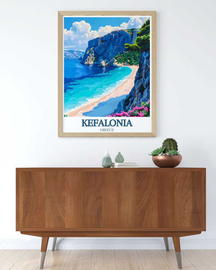 A breathtaking travel print of Kefalonia, showcasing Myrtos Beachs striking cliffs and serene waters, with the towering Agia Dynati Mountain in the distance. This poster captures the magic of Greeces Ionian Islands and is perfect for coastal décor or as a travel themed gift.