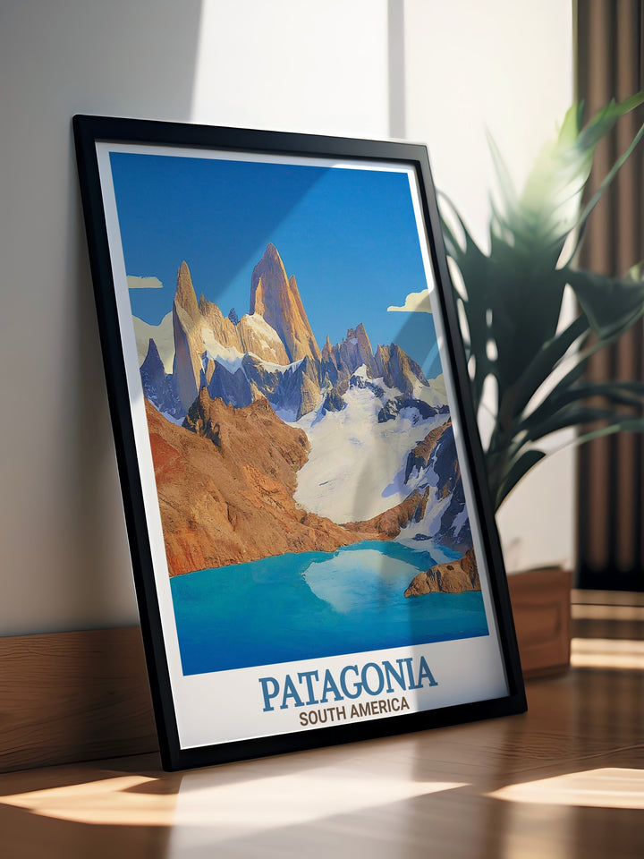 South American art print of Torres Del Paine in Patagonia Chile highlighting the iconic Cuernos Del Paine. Also includes stunning Mount Fitz Roy posters perfect for enhancing your home decor with natural beauty.