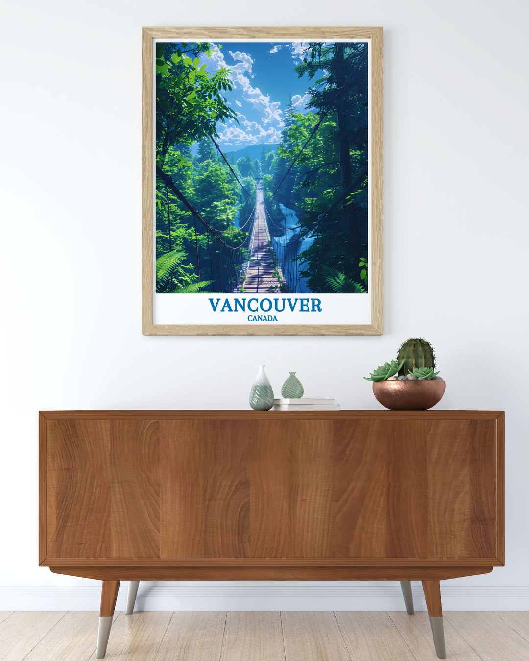 Enhance your living space with this detailed artwork of the Capilano Suspension Bridge. The print depicts the thrilling height and lush forest below, perfect for adding a touch of adventure and natural beauty to your home decor.