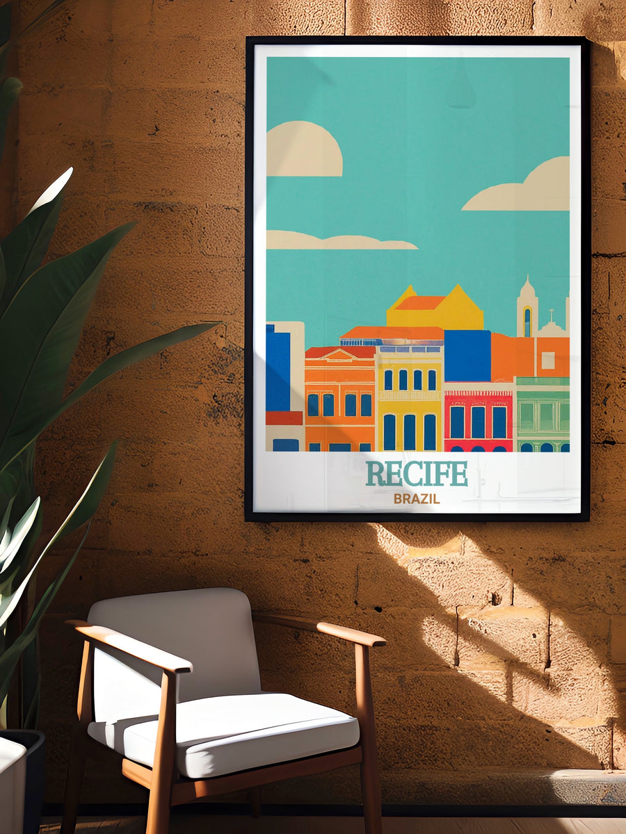 Brazil poster featuring Recife Antigos colorful colonial architecture and lively atmosphere. This travel print offers a beautiful depiction of Recifes rich cultural history, bringing a touch of Brazilian spirit to any space.