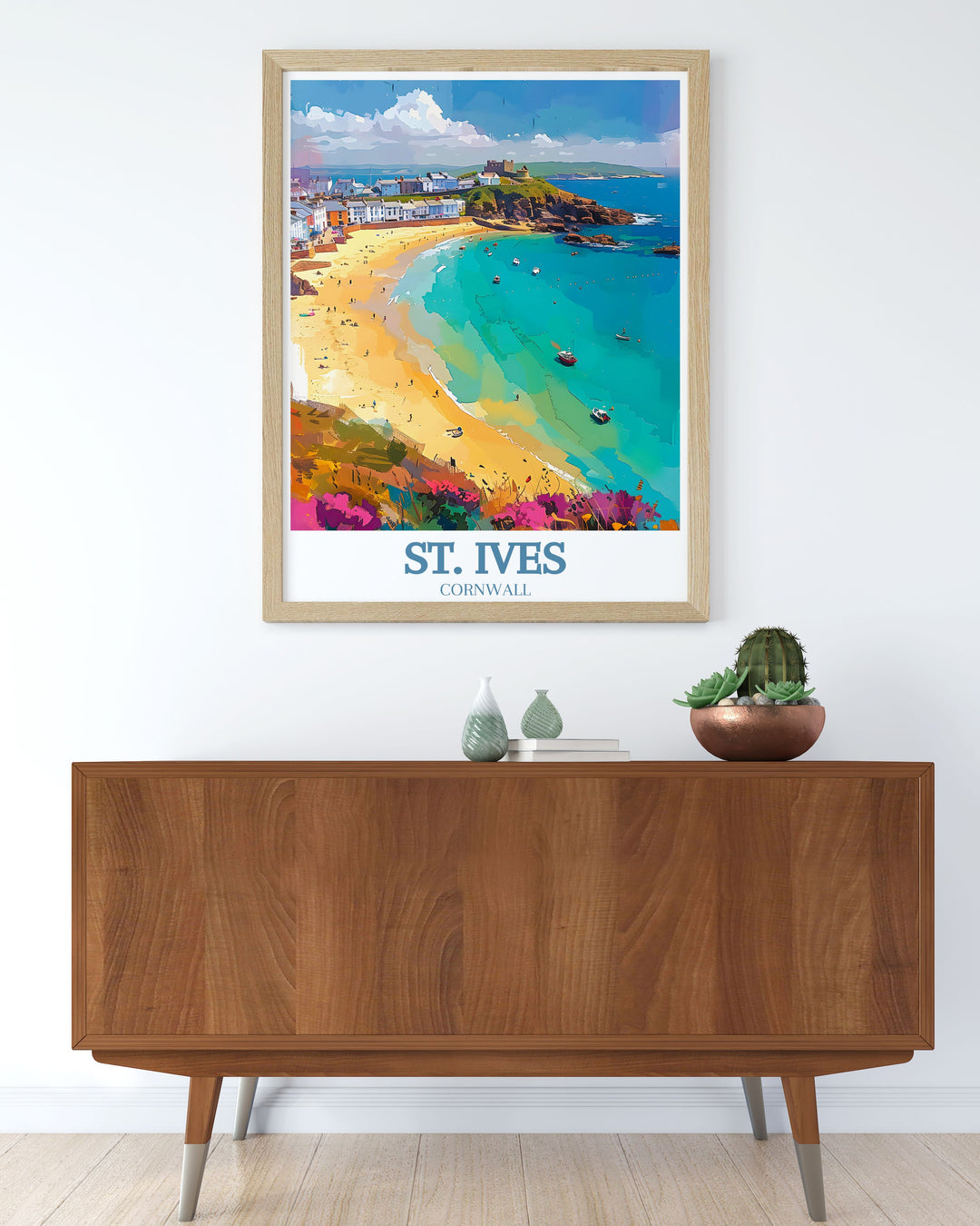 This vintage inspired poster of St. Ives captures the essence of its coastal beauty and cultural significance, offering a glimpse into one of Cornwalls most picturesque destinations.