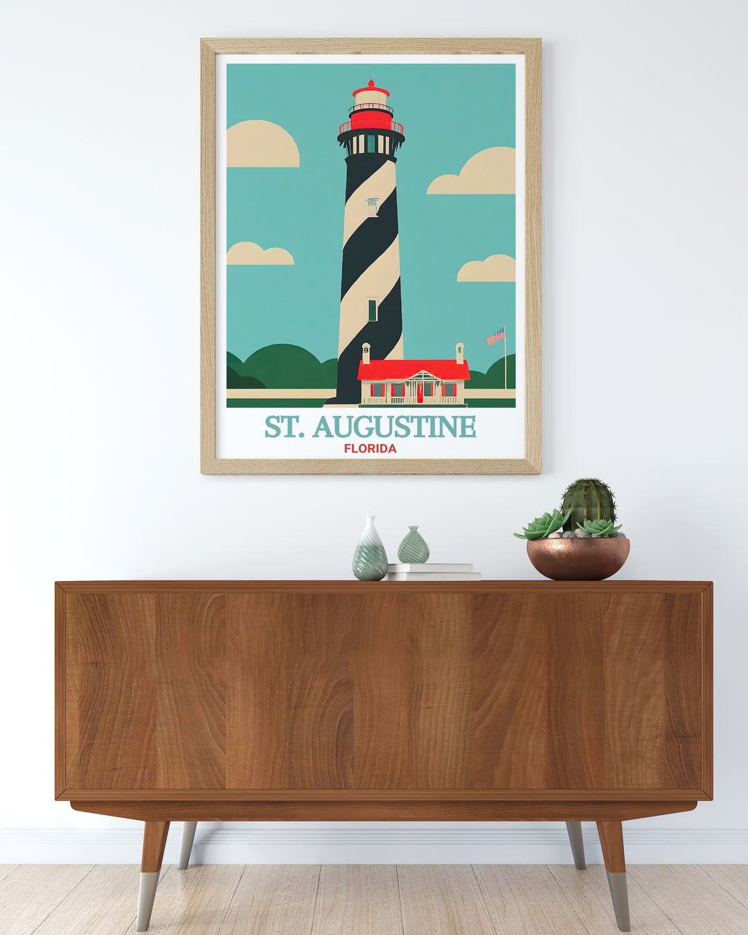 This St. Augustine poster showcases the famous lighthouse, an integral part of Floridas coastal history. Its bright colors and detailed design make this travel print a standout piece for any home or office décor.