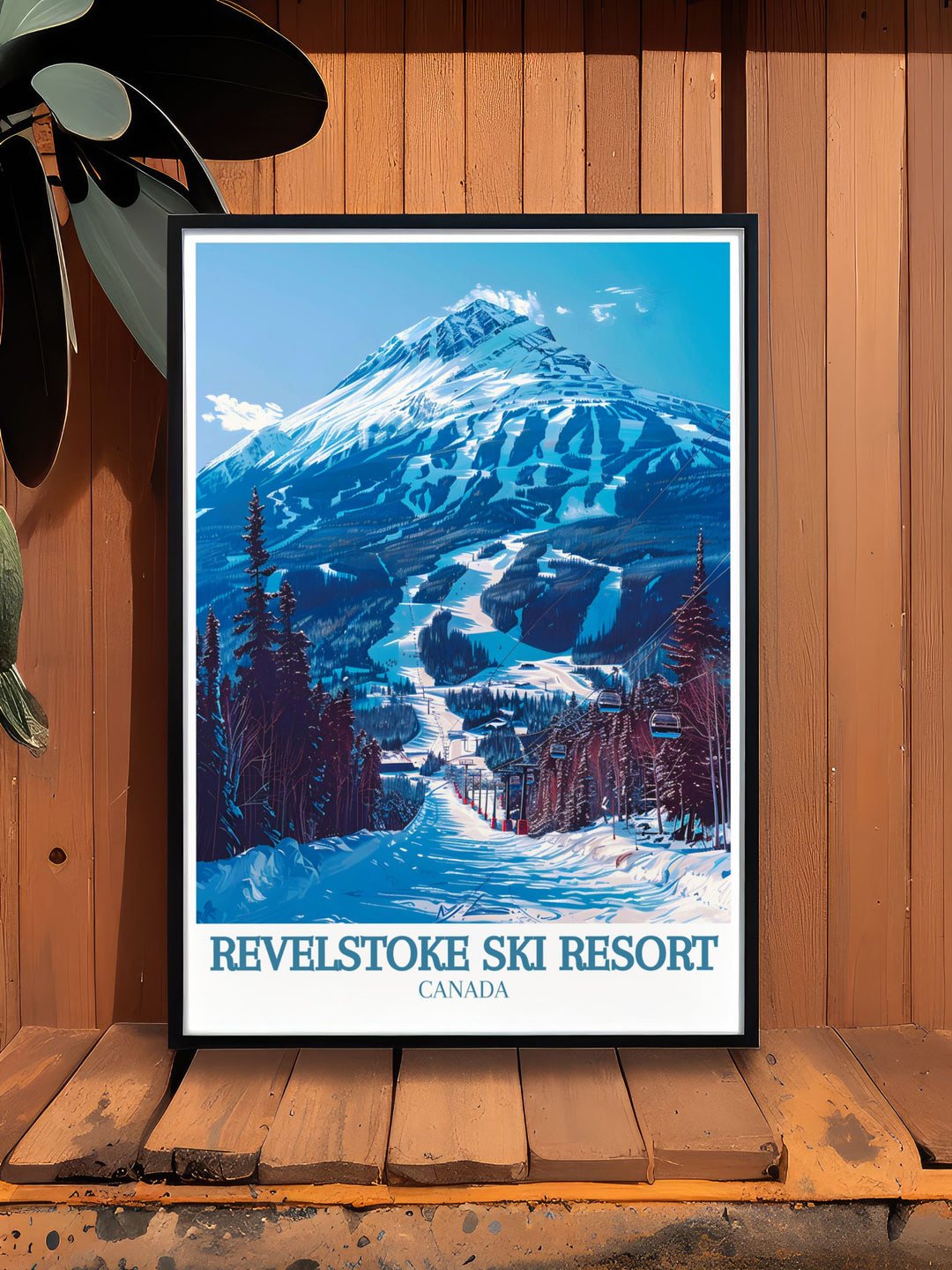 Framed Print Art of Mount Mackenzie and the Revelation Gondola cable car. This Skiing Wall Art brings the beauty and thrill of Revelstoke Canada into your home. A perfect addition to any art collection or home decor.