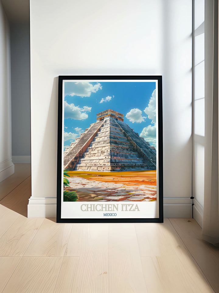 Bring the ancient wonder of Chichen Itza into your home with this captivating travel poster. El Castillos majestic pyramid and its surrounding structures are beautifully depicted, offering a unique and culturally rich addition to your home or office decor.