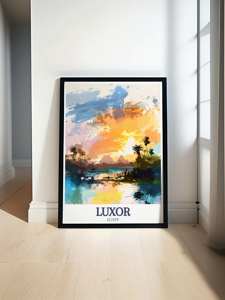 Luxor poster showcasing the Pyramids of Giza and Nile River perfect for modern home decor and as an elegant addition to any living space capture the timeless beauty of Egypt with this stunning travel art print and wall decor