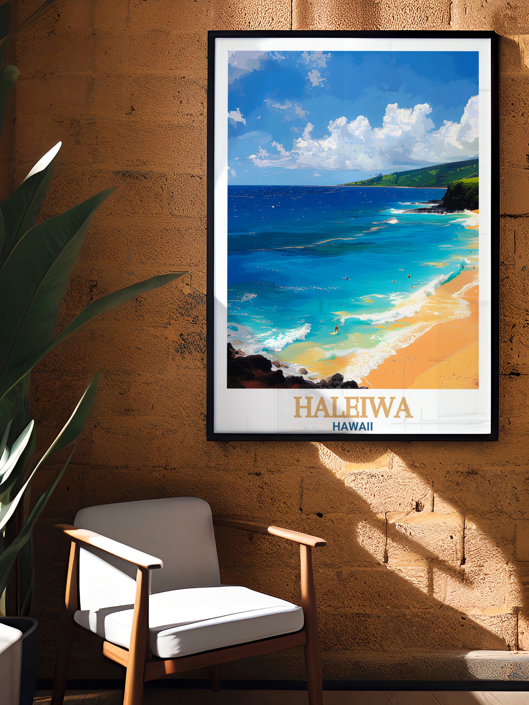 Add a touch of coastal elegance to your home with this Waimea Bay and Haleiwa travel poster The detailed artwork featuring the Hawaii skyline is ideal for both modern and vintage decor styles making it a versatile piece for any space