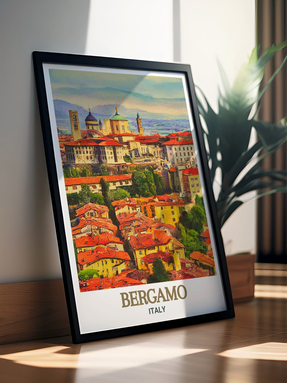 Detailed poster of Città Alta in Bergamo. Celebrating the architectural beauty and historical significance of this iconic landmark. Perfect for art lovers and travelers. Adds a sophisticated touch to any decor. Vivid and vibrant colors.