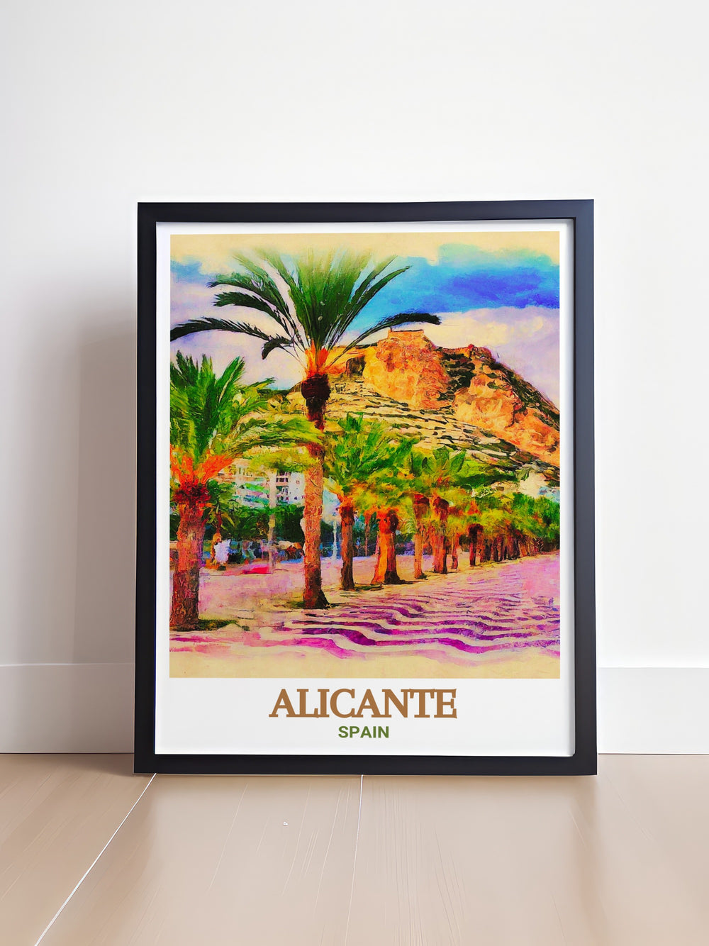 Scenic art print of Explanada de España, showcasing the promenades vibrant atmosphere and stunning surroundings. A perfect addition to any art collection or as a thoughtful gift, this poster embodies Alicantes cultural richness and architectural splendor. Bring the charm of Alicante inside with this stunning piece.