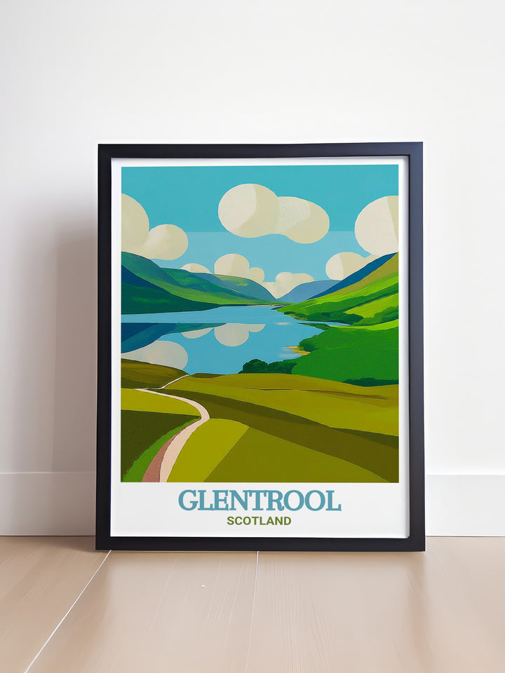 Add a touch of excitement to your living space with this cycling wall art showcasing the stunning landscape of Loch Trool and the exhilarating trails of Glentrool MTB Trail Centre for mountain biking enthusiasts.