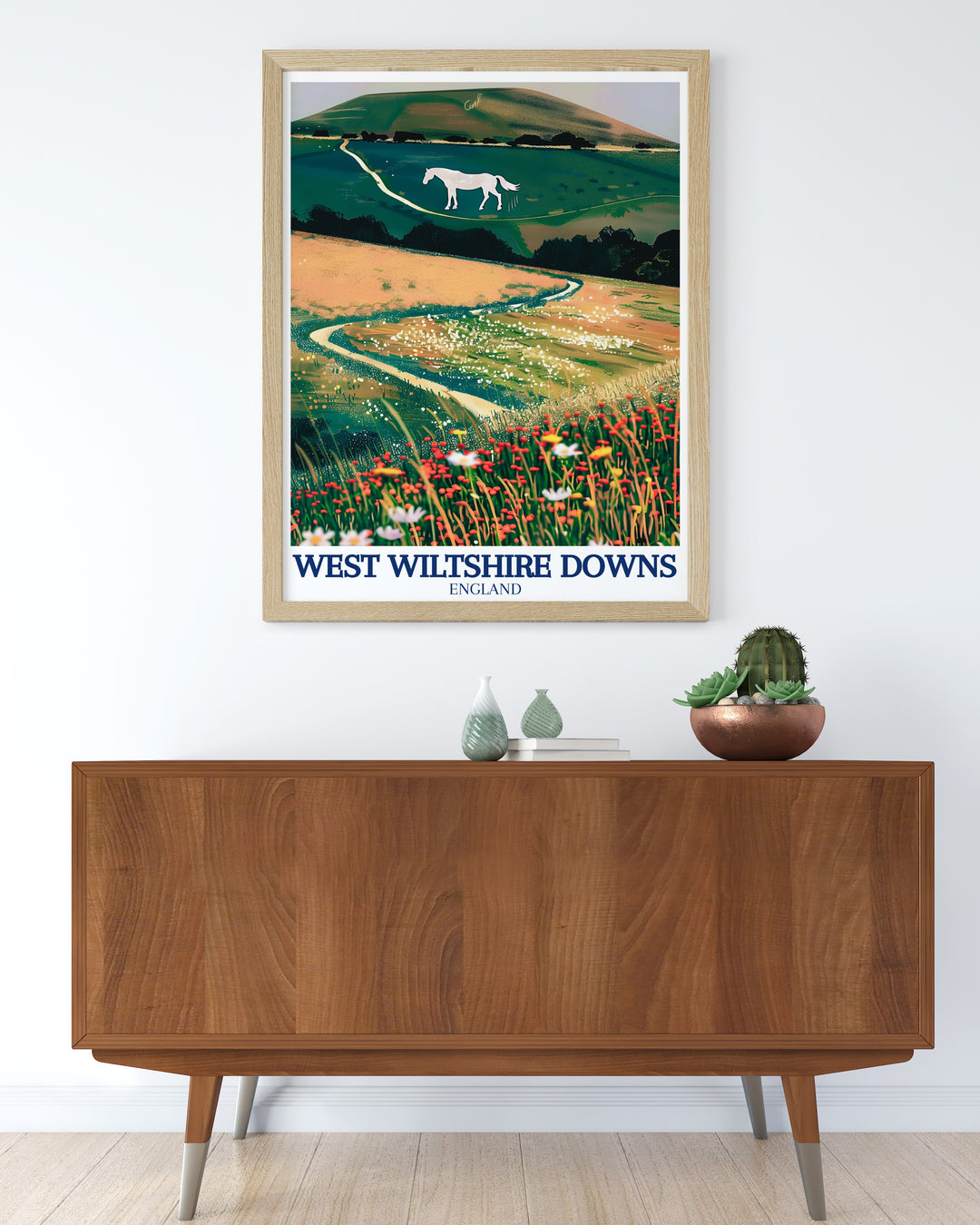 National park print of Westbury Hill and the Westbury white horse showcasing the natural beauty of Cranborne Chase AONB ideal for those who love hiking and exploring historical landmarks