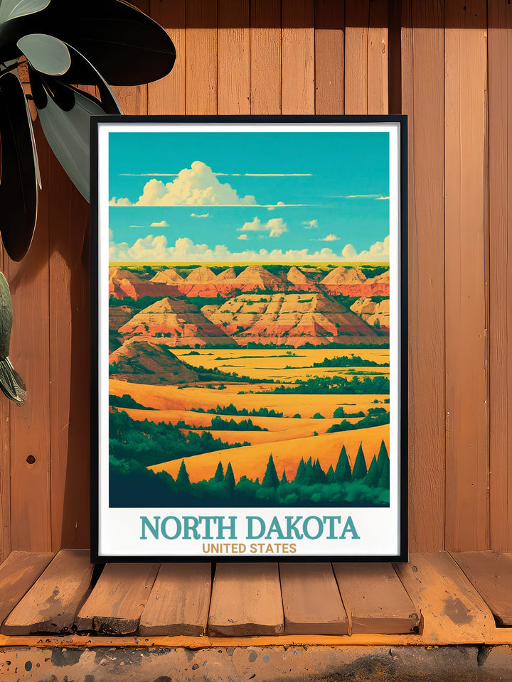 USA Canvas Art of Theodore Roosevelt National Park, North Dakota. This stunning piece brings the spirit of the Badlands to life with vivid detail, showcasing the unique rock formations and sweeping prairies. A perfect gift for anyone who appreciates the great outdoors.