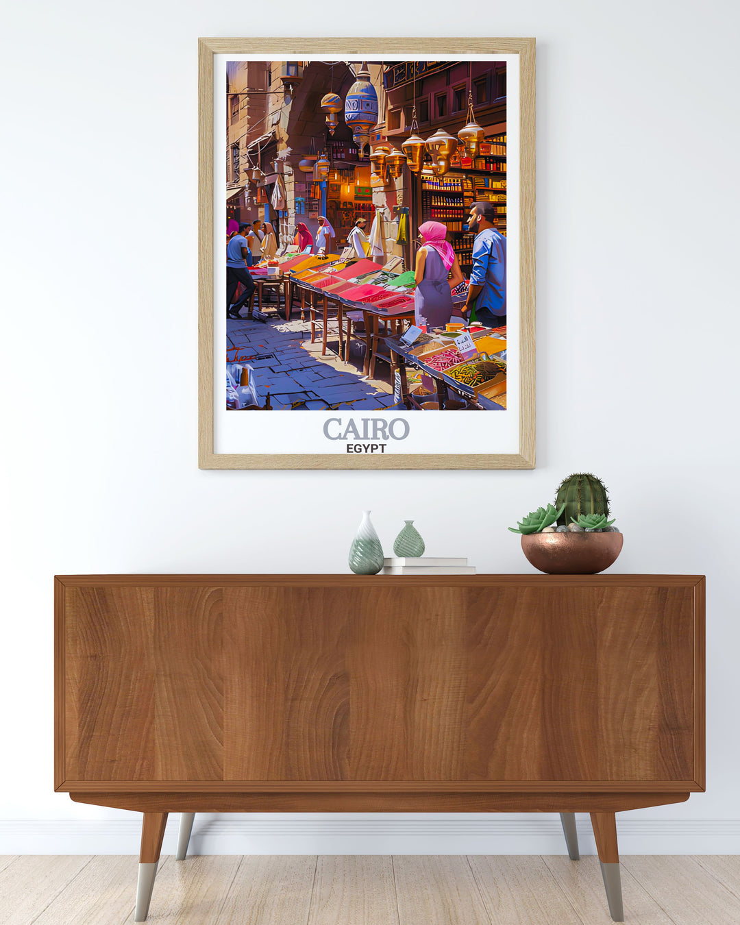Transform your space with this captivating Khan El Khalili Bazaar travel poster featuring the skyline and cityscape of Cairo perfect for adding a touch of Egyptian charm to your decor