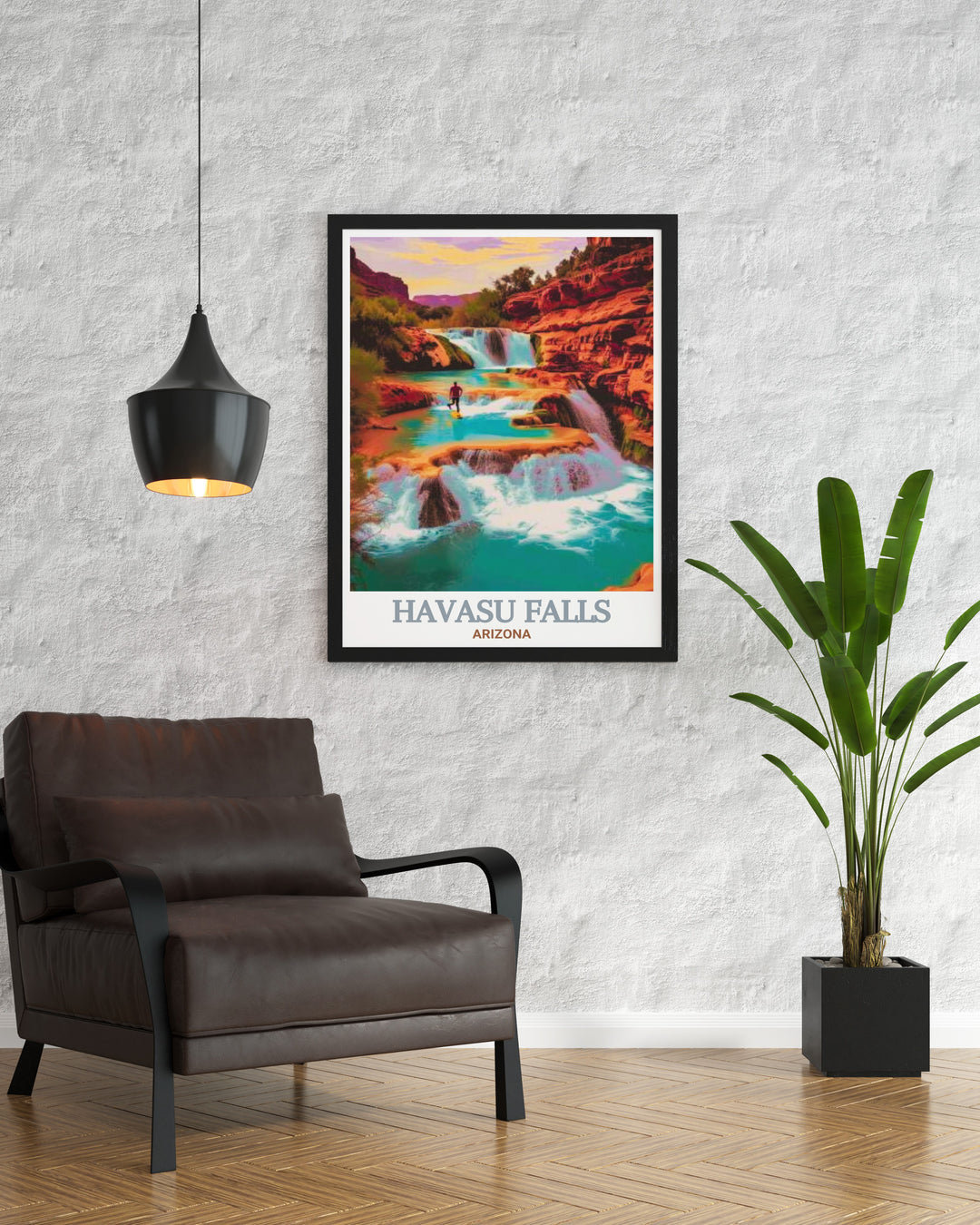 Havasu Falls art print that captures the essence of Arizonas desert landscape, with vibrant turquoise waters flowing over steep cliffs. Ideal for those who appreciate the raw beauty of nature, this print is a standout piece for your wall decor.