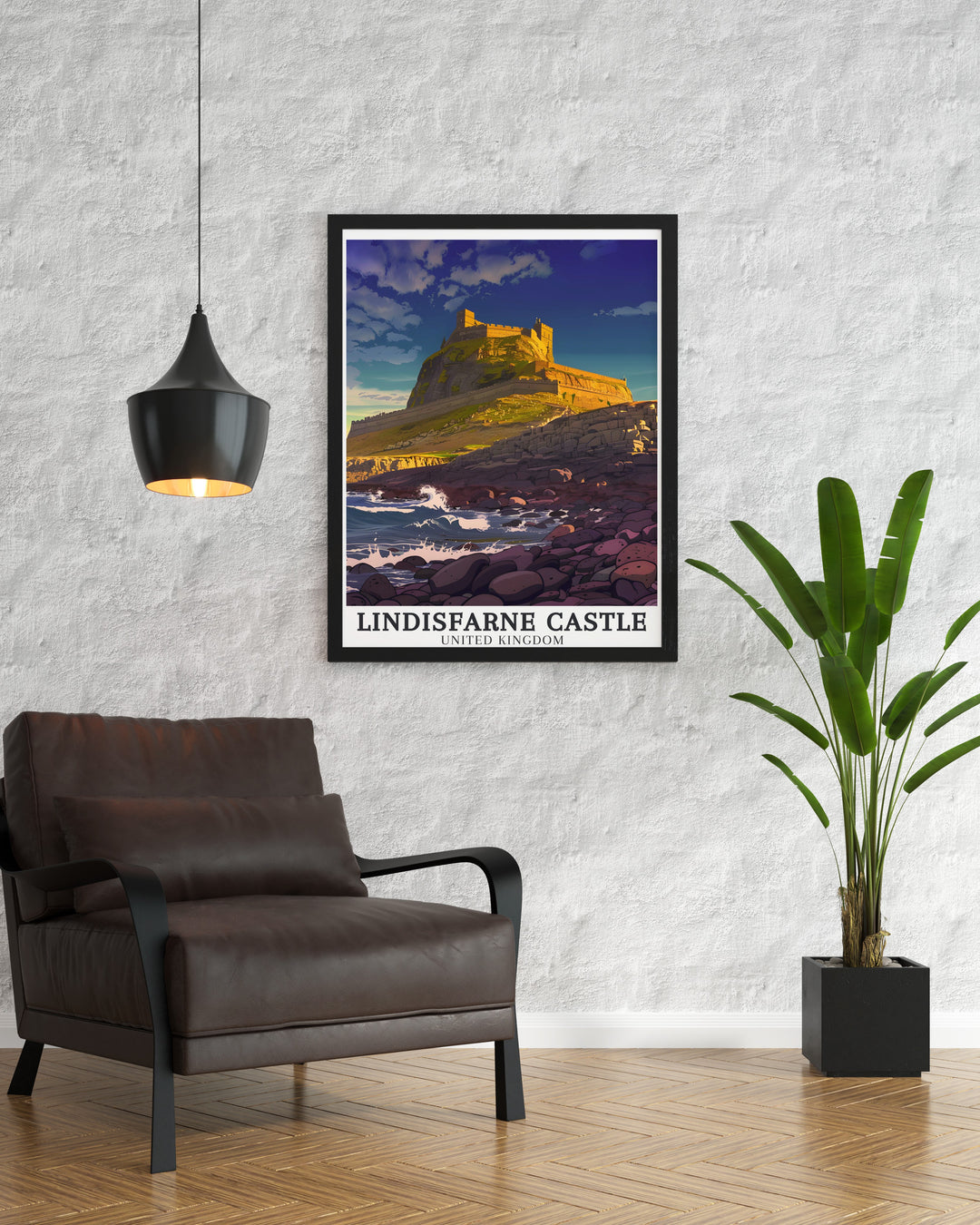 Lindisfarne Holy Island Print offering a detailed and colorful depiction of the entire island, including its famous castle and surrounding sea views. This print is ideal for travelers and lovers of British coastal scenery.