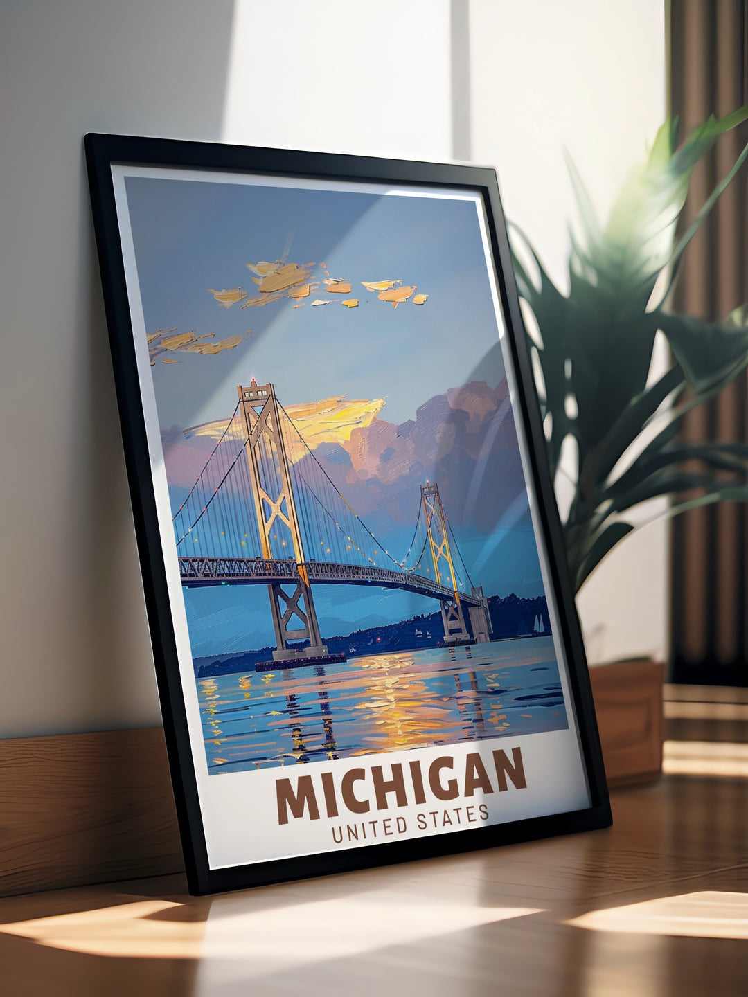 With its bright colors and vintage design, this Michigan wall art is sure to stand out. The iconic Mackinac Bridge and Leelanau are beautifully depicted in this USA travel print, making it the perfect piece for anyone who loves Michigan or wants to add a bit of nostalgia to their space.