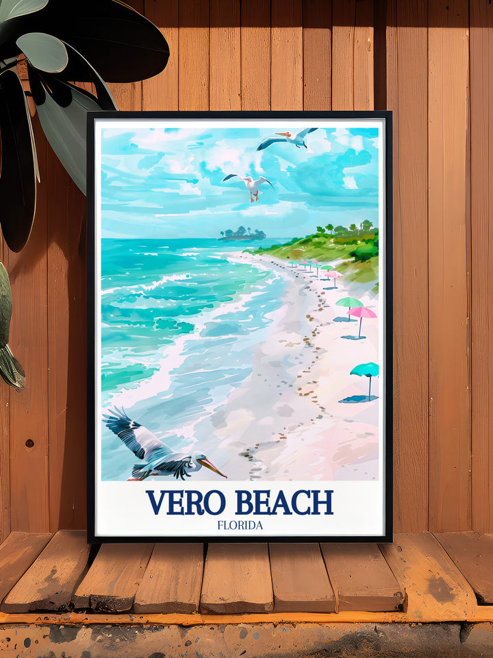 Vero Beach canvas art offers a stunning depiction of Floridas sun kissed shores. Whether youve visited the area or are dreaming of a beach getaway, this artwork adds a touch of coastal beauty to your home décor, making it a perfect gift for travel enthusiasts.