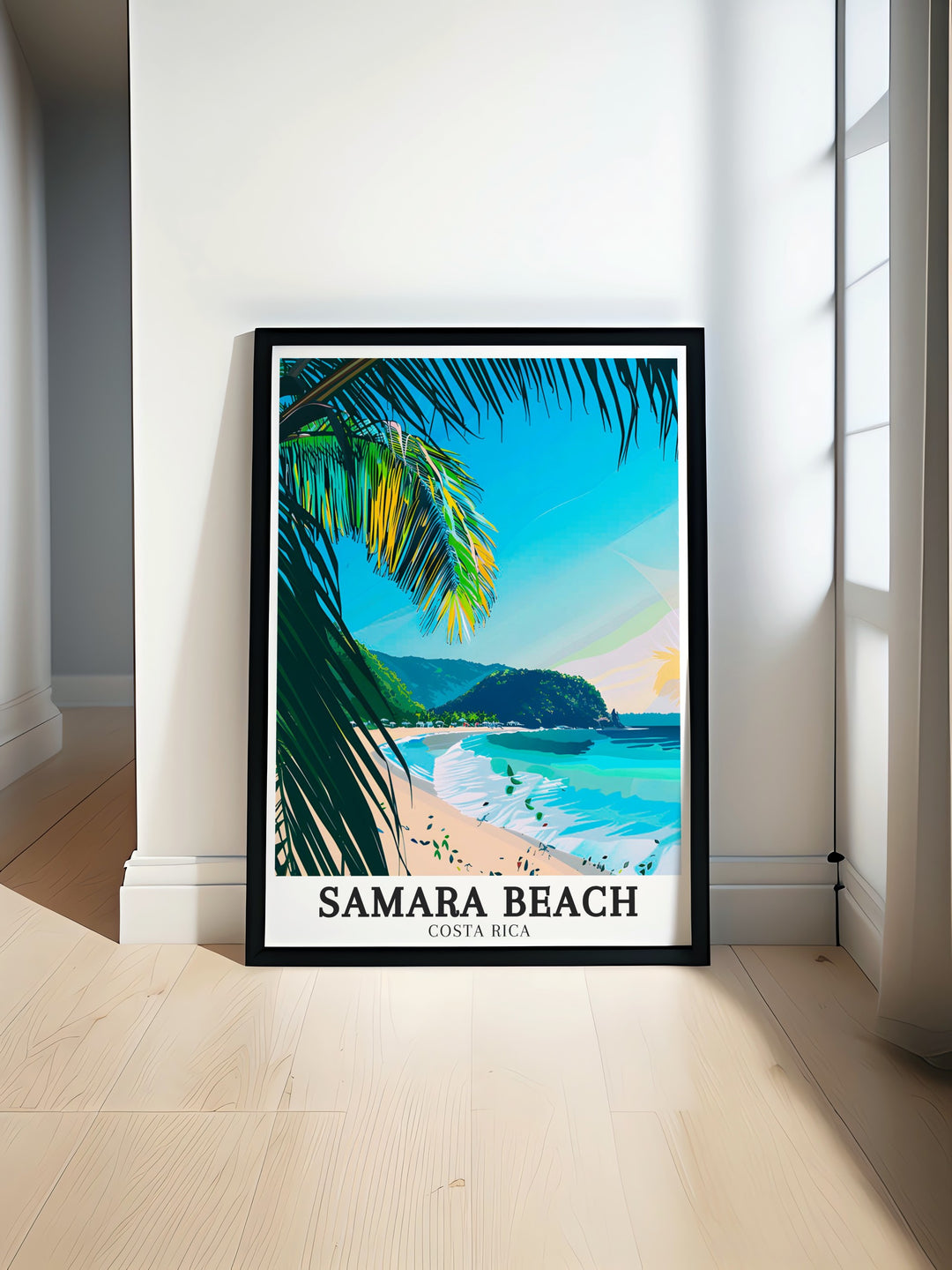 Highlighting the calm shores of Samara Beach with the nearby Garza Contadora Island and Playa Garza, this print brings Costa Ricas beauty into your home. Ideal for travel lovers, its a perfect reminder of beach adventures.