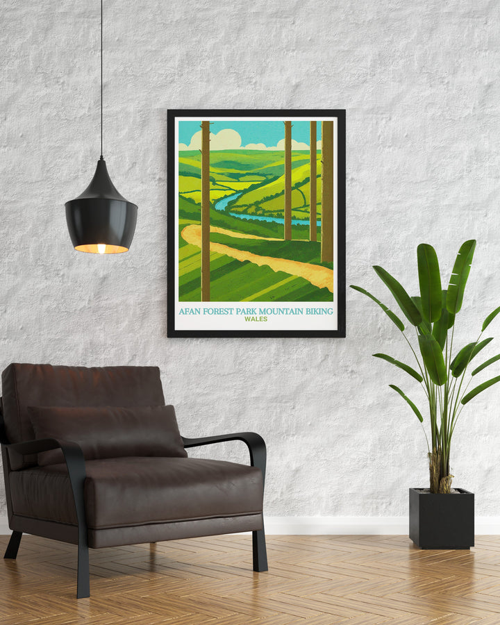 Penhydd Trail wall poster celebrating the excitement of South Wales premier MTB trail. The artwork beautifully captures the challenge and serenity of Afan Forest Park, perfect for adding a touch of adventure to any room.