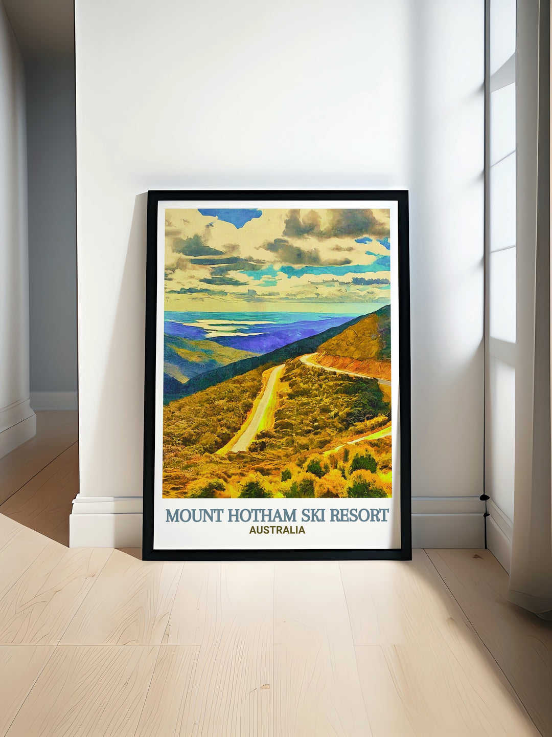 This travel print of Mount Hotham and the Great Alpine Road captures the essence of Australias winter wonderland. Ideal for skiers, snowboarders, and nature enthusiasts, this artwork celebrates the beauty of the Australian Alps.