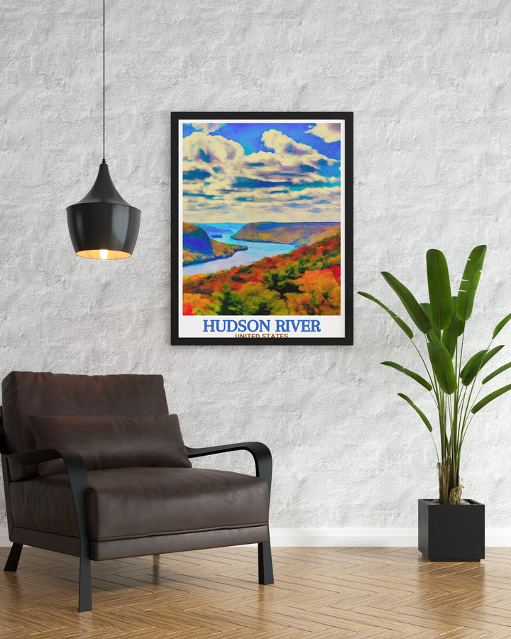 Highlighting the peaceful flow of the Hudson River through the lush landscapes of Hudson Highlands State Park, this vintage poster art print is perfect for decorating any space with a touch of New Yorks natural charm.