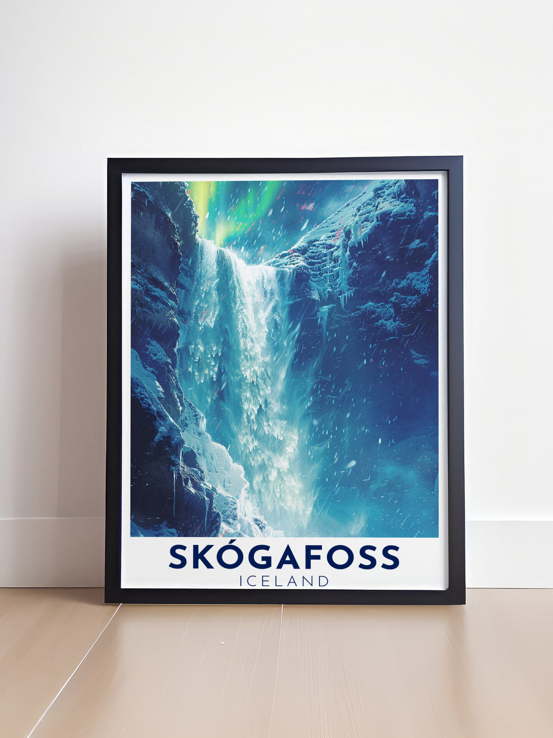 Skogafoss Waterfall Poster Print illustrating the grandeur of Icelands natural beauty with its powerful waterfall cascading over cliffs providing a stunning focal point for any room as Waterfall Perfect Wall Decor and a unique Iceland Poster Art that enhances your living environment