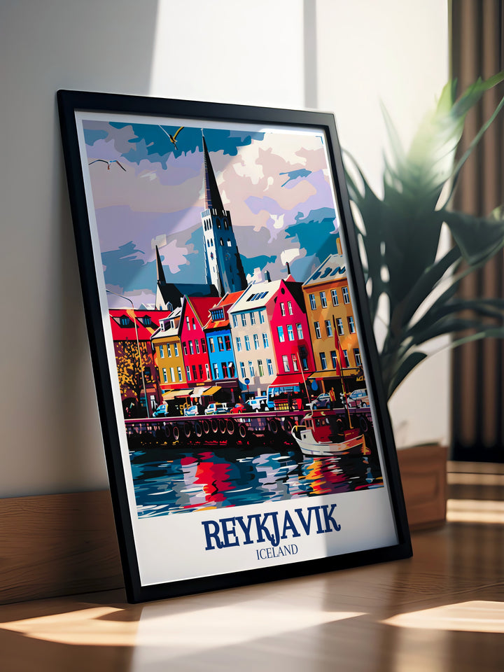 Reykjavik travel poster highlighting the unique blend of history, culture, and natural beauty in Icelands capital. This vintage inspired wall art captures the essence of Reykjavik, making it a perfect piece for any Nordic themed room.