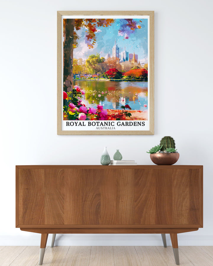 Capture the essence of Melbourne with this stunning Botanic Garden Art featuring the Melbourne Skyline Ornamental Lake from the Royal Botanic Gardens a perfect piece for adding a touch of Australia Travel Art to your space