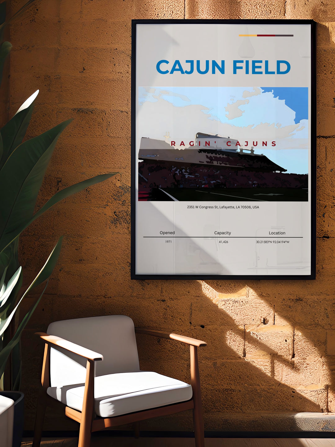 Add style to your home with this Cajun Field art print capturing the passion of Louisiana Ragin Cajuns football. Perfect as a dorm room print or stunning living room décor this artwork brings energy and color to any space while celebrating the Cajuns football legacy.