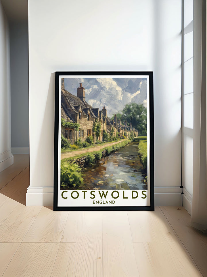 This artistic poster captures the picturesque landscapes of the Cotswolds and the historic charm of Arlington Row, perfect for adding a touch of Englands natural splendor and cultural heritage to your decor.