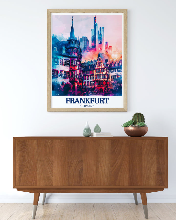 This travel print offers a unique perspective on Frankfurts Römerberg, with the squares medieval buildings beautifully framed by the surrounding cityscape. The artwork adds a touch of German elegance and history to any room, making it a great choice for those who appreciate cultural depth and architectural beauty.