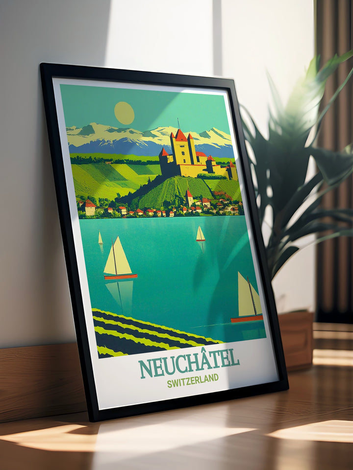 Lake Neuchatel art perfect for enhancing any living room or bedroom decor. This stunning France wall art captures the beauty of the lake with calming tones, making it an ideal addition to modern home decor or as a travel gift for art lovers.