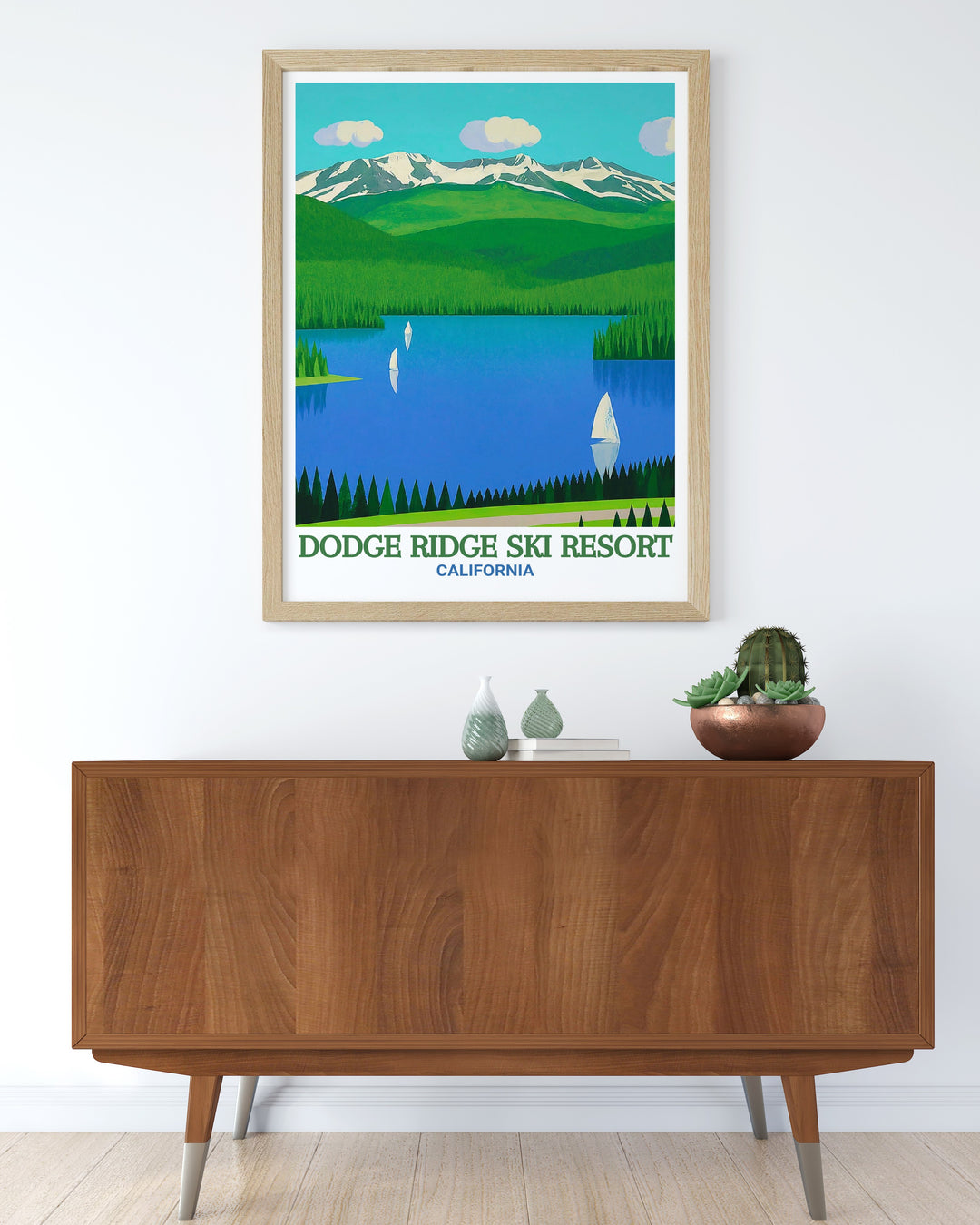 Framed print of Dodge Ridge Ski Resort and Pinecrest Lake capturing the serene beauty of the Sierra Nevada and the exhilarating slopes of this popular ski destination. Perfect for winter sports lovers and those who appreciate high quality art prints.