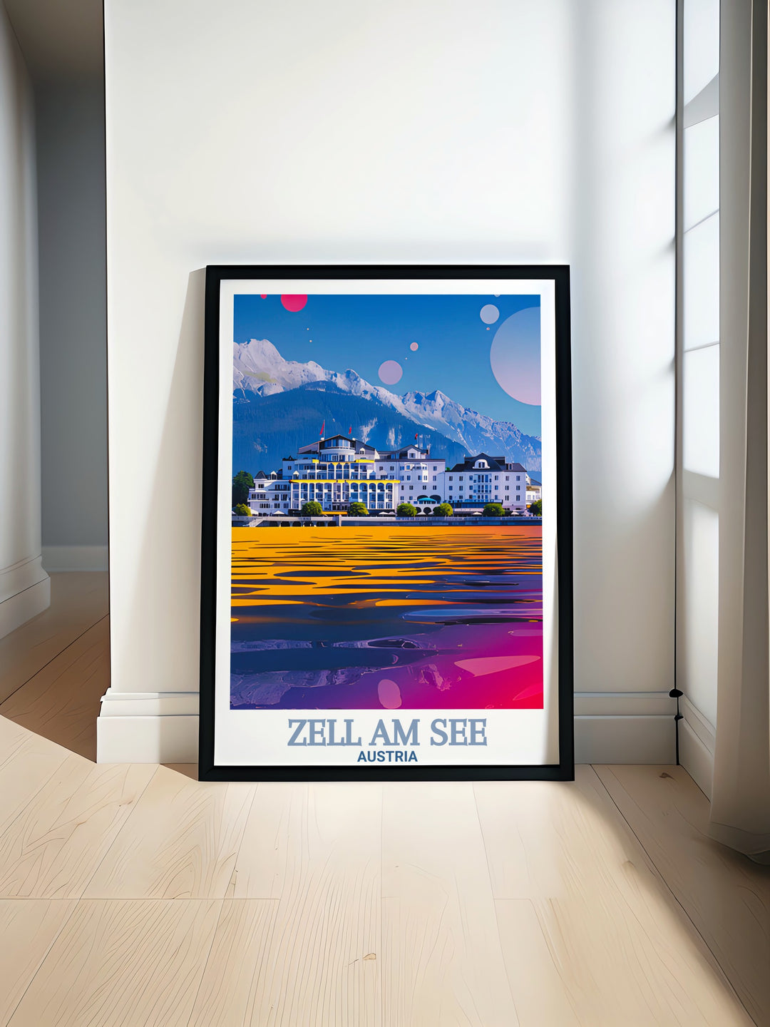 Grand Hotel Zell am See vintage ski poster featuring scenic winter views perfect for home decoration and enhancing living space with retro style and elegance