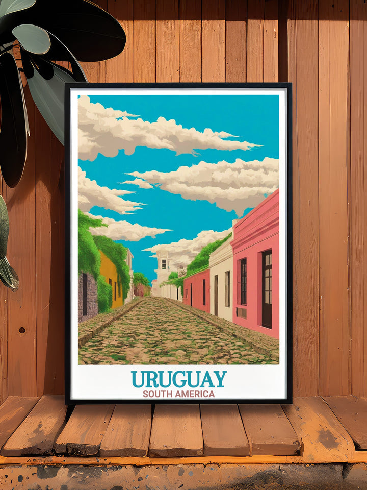 Uruguay painting depicting Montevideos bustling streets and serene coastal views Colonia del Sacramento Historic Quarter framed prints offering a sophisticated touch to your living room decor with timeless beauty and classic charm.