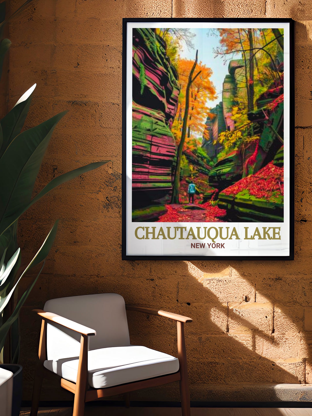 Experience the peaceful atmosphere of Chautauqua Lake with this vibrant travel poster, perfect for nature lovers and those who appreciate New York States picturesque landscapes.