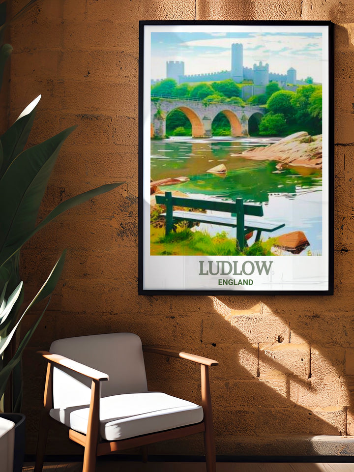 Capture the historic elegance of Ludlow with this Dinham Bridge travel poster. Featuring the iconic English bridge, this artwork is an ideal decor piece for those who admire the heritage and beauty of Englands countryside.