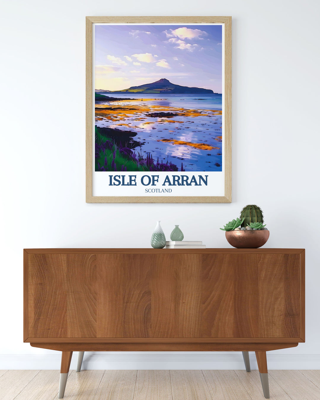 This travel poster emphasizes the majestic views of Holy Isle, inviting viewers to reflect on the islands beauty and tranquility. The artwork serves as a reminder of the enchanting experiences awaiting on the Isle of Arran.