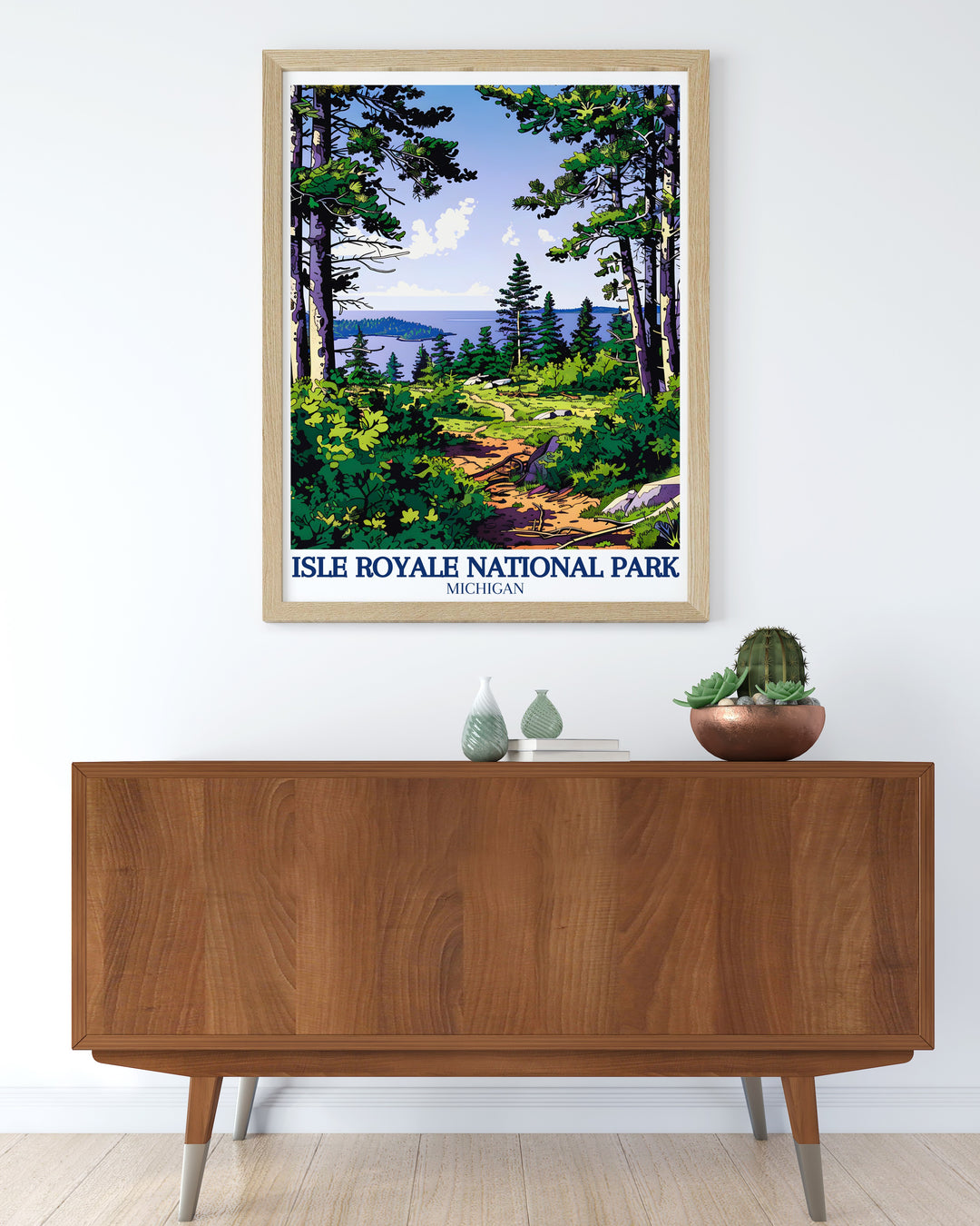 This vintage poster of Rock Harbor pays tribute to its natural beauty and timeless appeal. The classic design and striking colors evoke a sense of nostalgia, ideal for those who appreciate the rich heritage of Americas national parks.