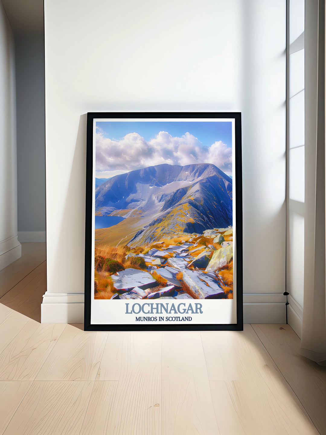 Lochnagar Summit Travel Poster capturing the breathtaking beauty of the Munros of Scotland with a vintage travel print style showcasing the majestic Scottish Highlands perfect for home decor and nature enthusiasts who love the Scottish mountains and national park prints