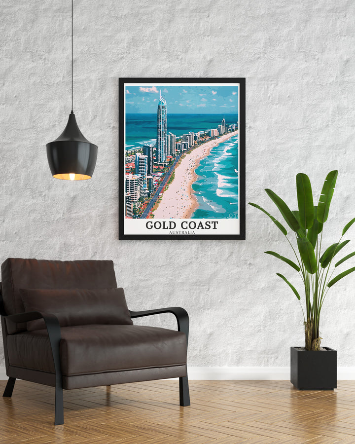 The Q1 building framed art brings the architectural beauty of the Gold Coasts tallest structure into your home. Perfect for modern design lovers, this framed art piece highlights the impressive stature of the Q1 building, adding a sophisticated touch to any room or office.