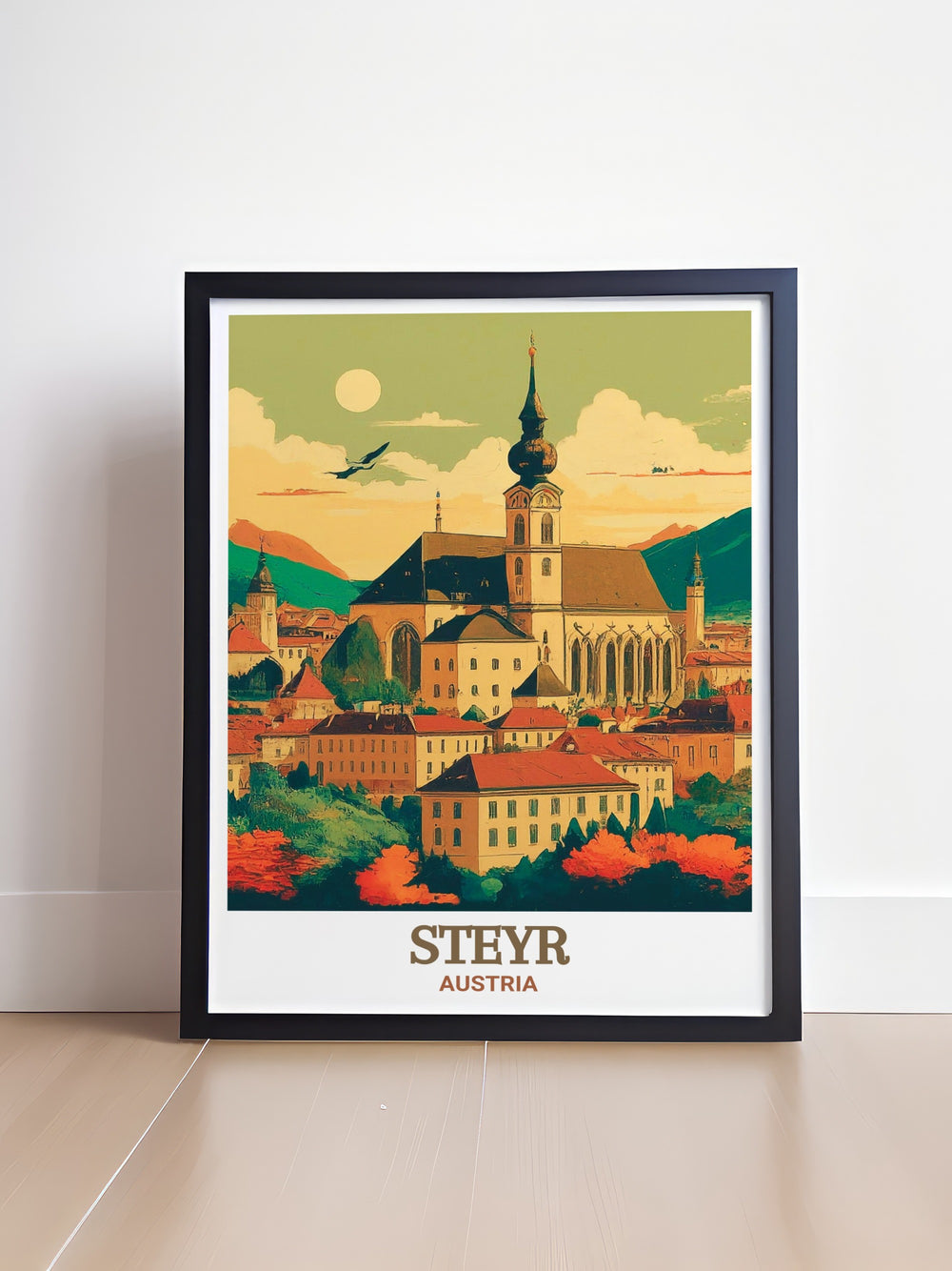 A detailed portrayal of Steyrs Stadtpfarrkirche, this Austria travel print is ideal for art lovers who appreciate fine architecture and history. The poster serves as a beautiful reminder of Austrias cultural legacy.