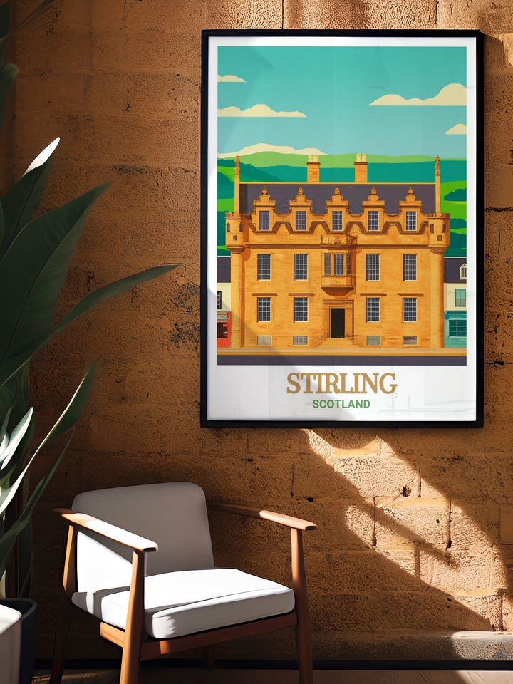 Stirling Castle and Argylls Lodging come together in this beautiful Scotland travel print. Perfect for history lovers, this artwork captures the architectural beauty and historical importance of these two Scottish landmarks, making it ideal for home décor.