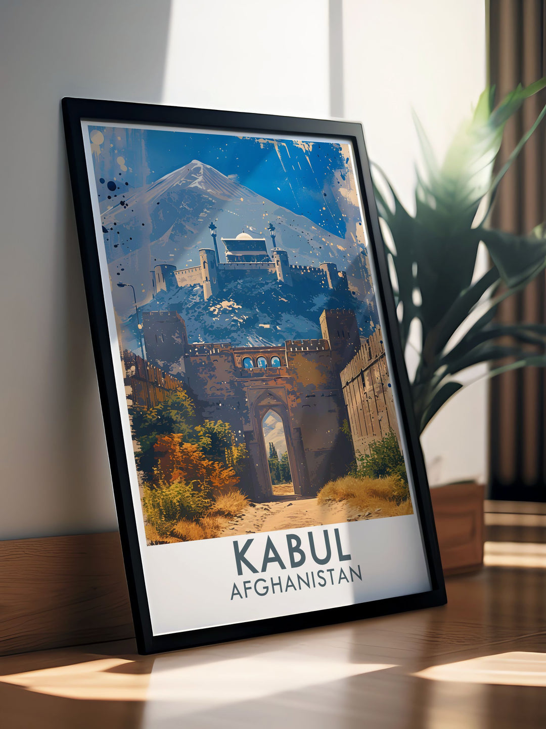 A vibrant depiction of the Kabul Citadel, reflecting the architectural brilliance and historical richness of the fortress. The travel poster is ideal for adding a touch of Afghan heritage to your home decor.