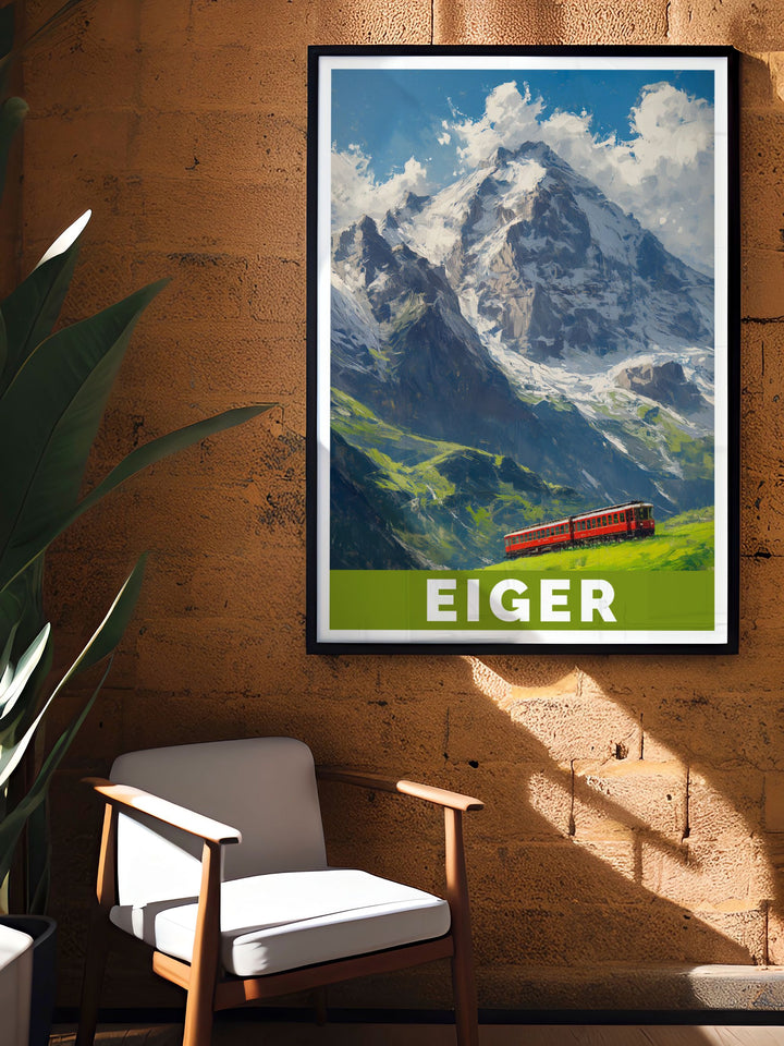 Eiger rock climbing poster featuring climbers ascending the challenging routes of the famous North Face a must have for adventure seekers and anyone inspired by the thrill and beauty of mountaineering in the Swiss Alps.